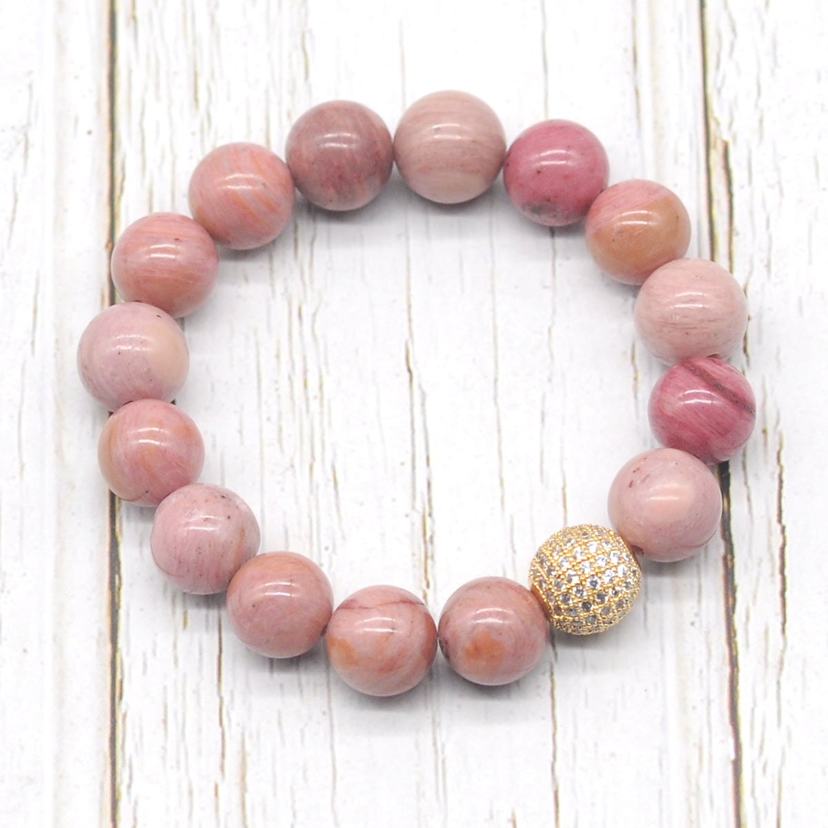 CGB281 Pink Wood Jasper With Zircon Ball Stretch Bracelet Round 10mm 12mm