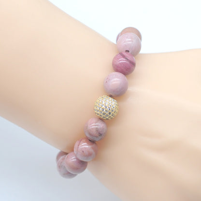 CGB281 Pink Wood Jasper With Zircon Ball Stretch Bracelet Round 10mm 12mm