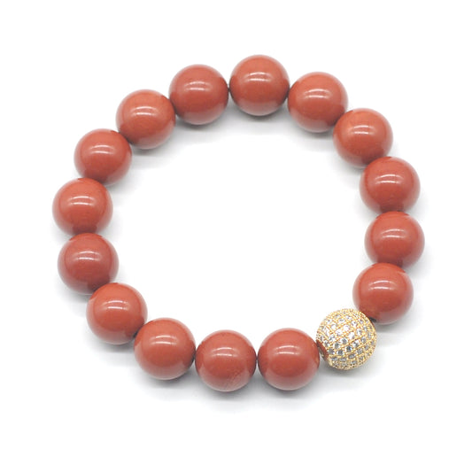 CGB282 Red Jasper With Zircon Ball Stretch Bracelet Round 10mm 12mm