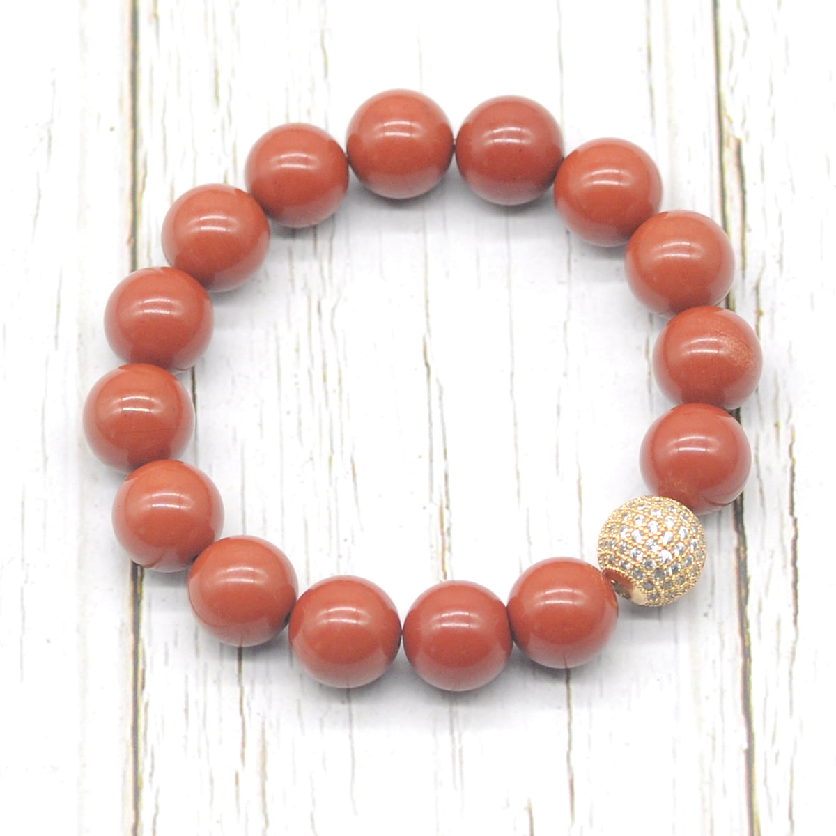 CGB282 Red Jasper With Zircon Ball Stretch Bracelet Round 10mm 12mm