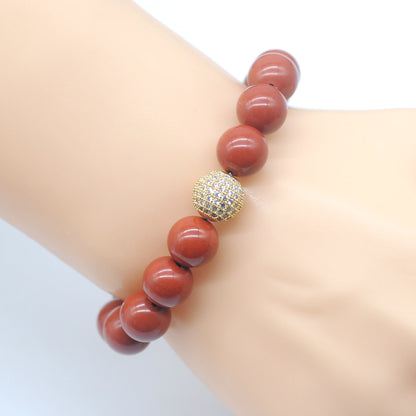 CGB282 Red Jasper With Zircon Ball Stretch Bracelet Round 10mm 12mm