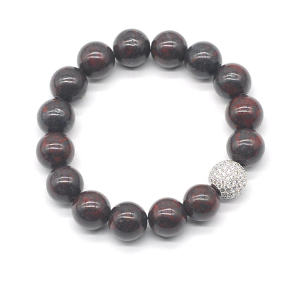 CGB283 Brecciated Jasper With Zircon Ball Stretch Bracelet Round 10mm 12mm