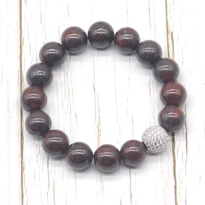 CGB283 Brecciated Jasper With Zircon Ball Stretch Bracelet Round 10mm 12mm