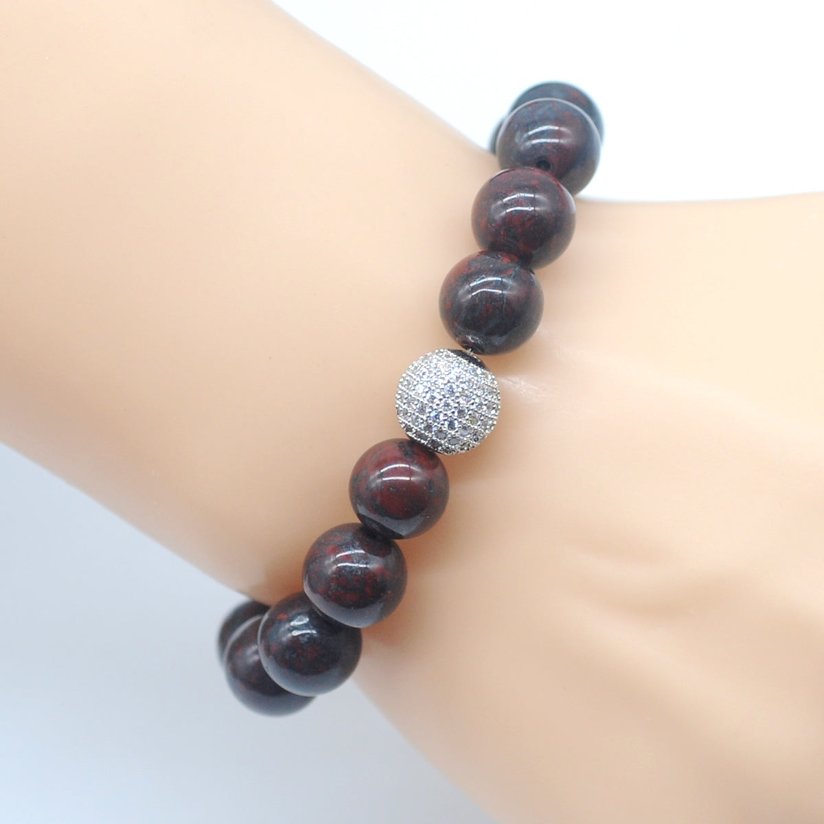 CGB283 Brecciated Jasper With Zircon Ball Stretch Bracelet Round 10mm 12mm