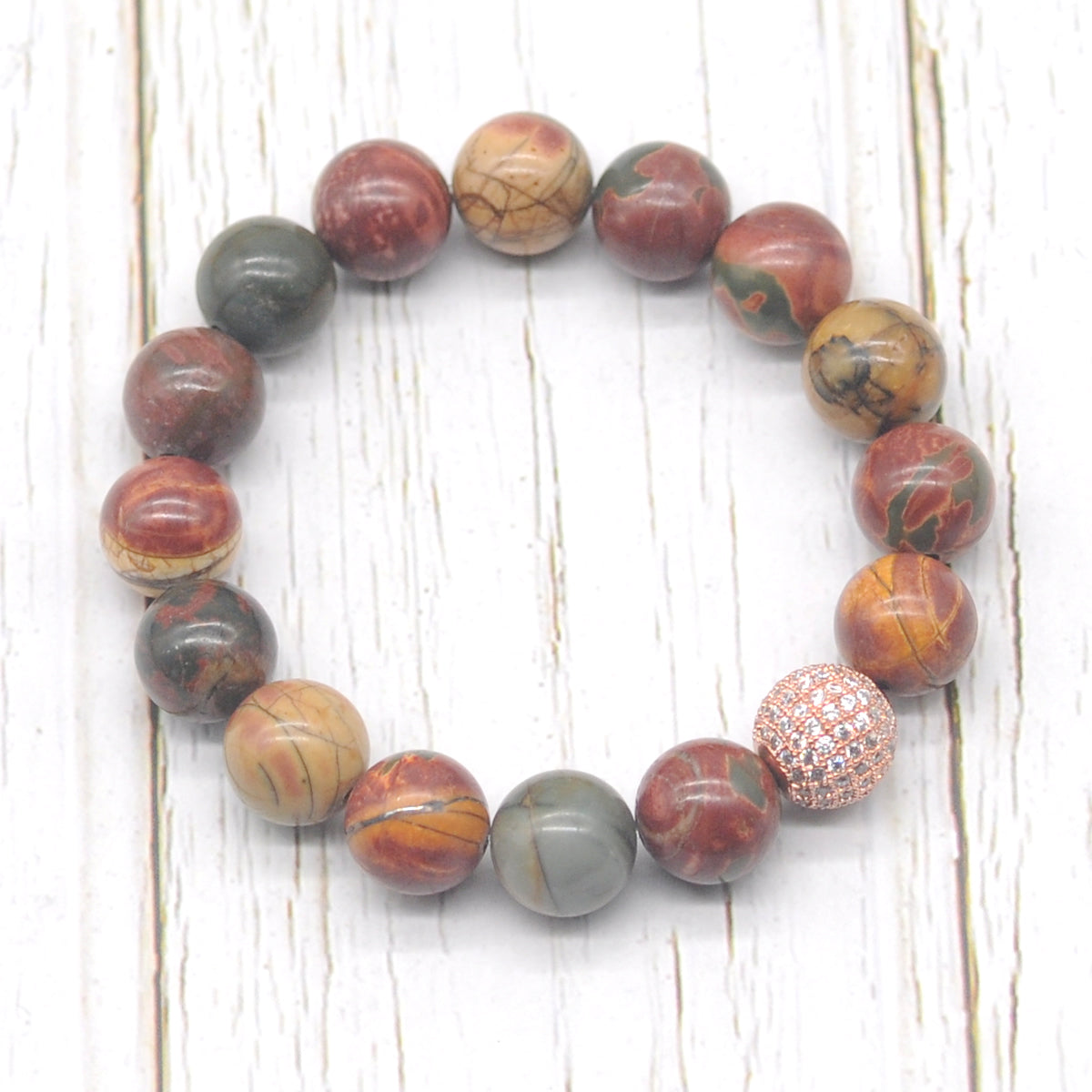 CGB284 Picasso Jasper With Zircon Ball Stretch Bracelet Round 10mm 12mm