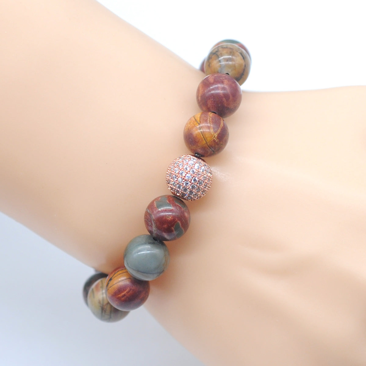 CGB284 Picasso Jasper With Zircon Ball Stretch Bracelet Round 10mm 12mm