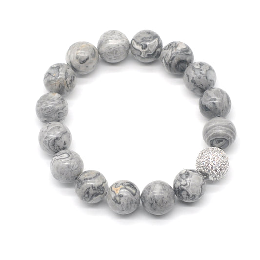 CGB285 Grey Picture Jasper With Zircon Ball Stretch Bracelet Round 10mm 12mm