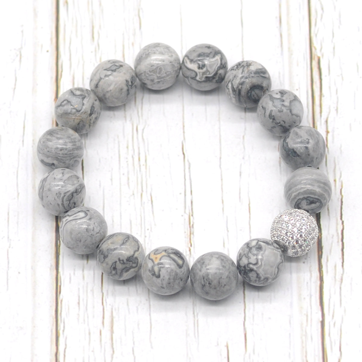 CGB285 Grey Picture Jasper With Zircon Ball Stretch Bracelet Round 10mm 12mm