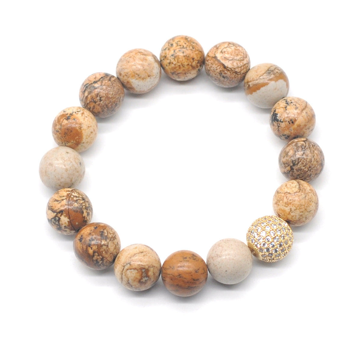 CGB286 Picture Jasper With Zircon Ball Stretch Bracelet Round 10mm 12mm