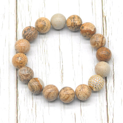 CGB286 Picture Jasper With Zircon Ball Stretch Bracelet Round 10mm 12mm