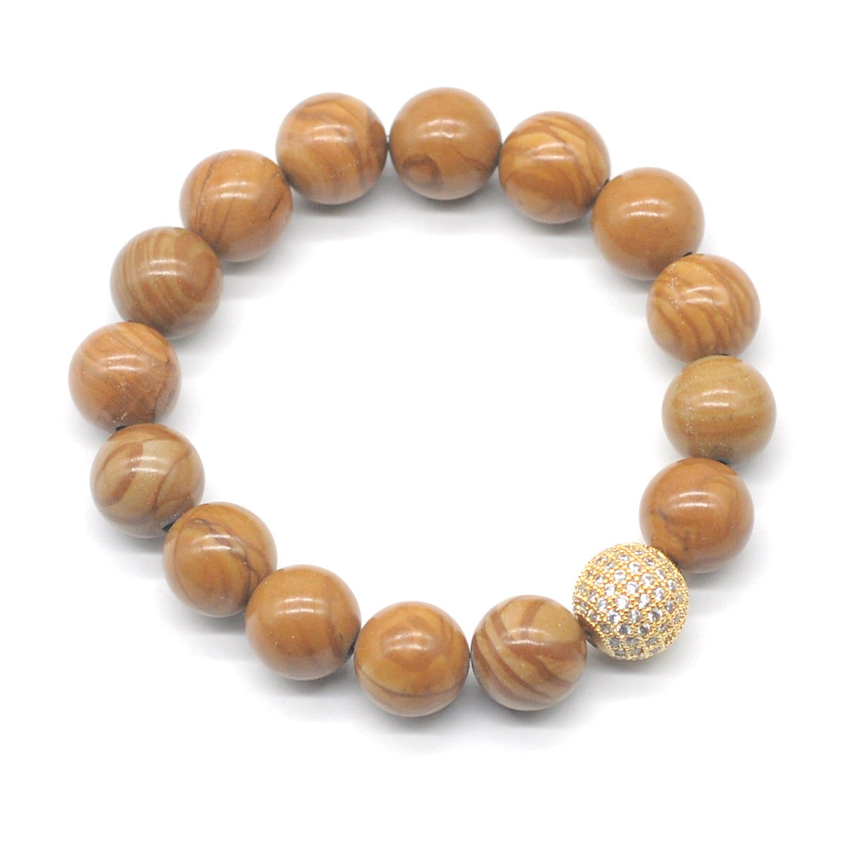 CGB287 Yellow Wood Grain Jasper With Zircon Ball Stretch Bracelet Round 10mm 12mm