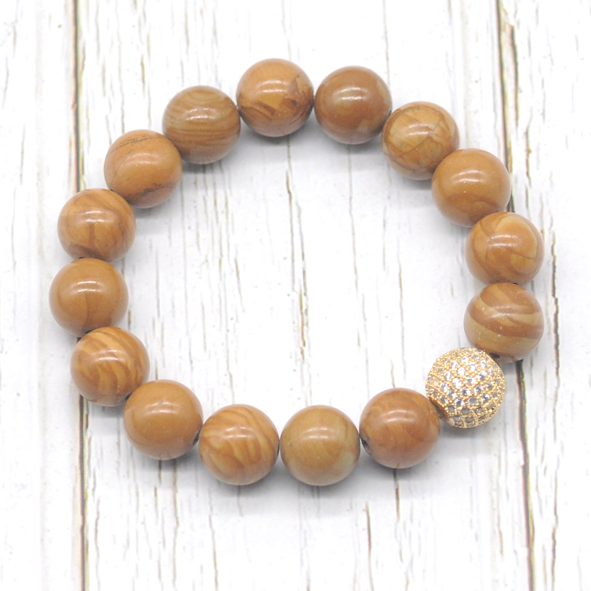 CGB287 Yellow Wood Grain Jasper With Zircon Ball Stretch Bracelet Round 10mm 12mm