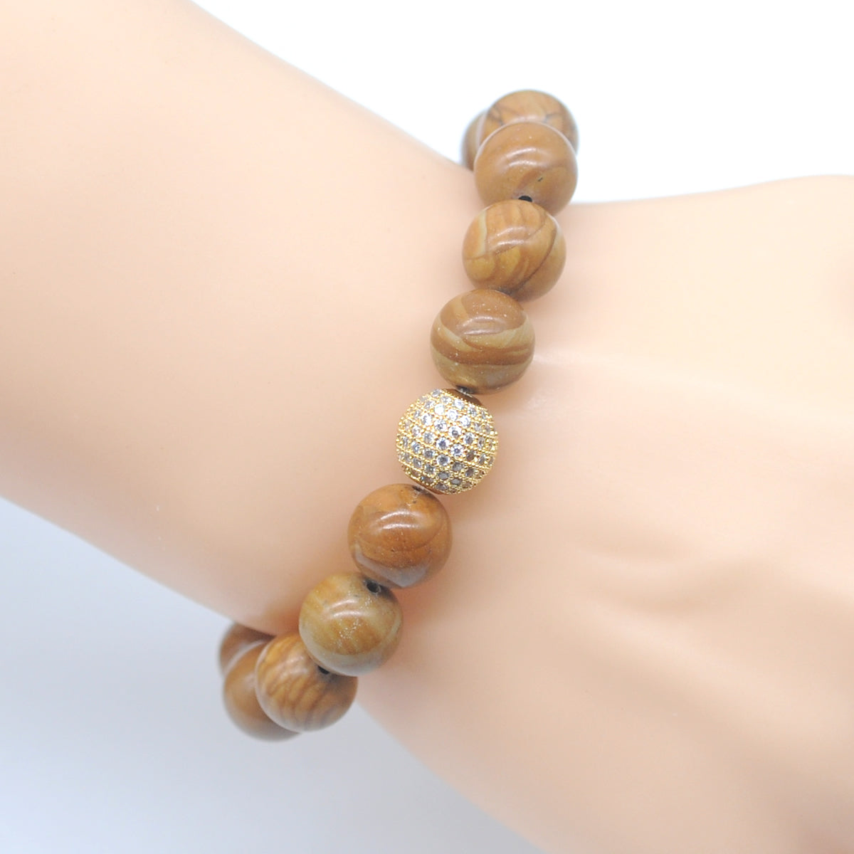 CGB287 Yellow Wood Grain Jasper With Zircon Ball Stretch Bracelet Round 10mm 12mm