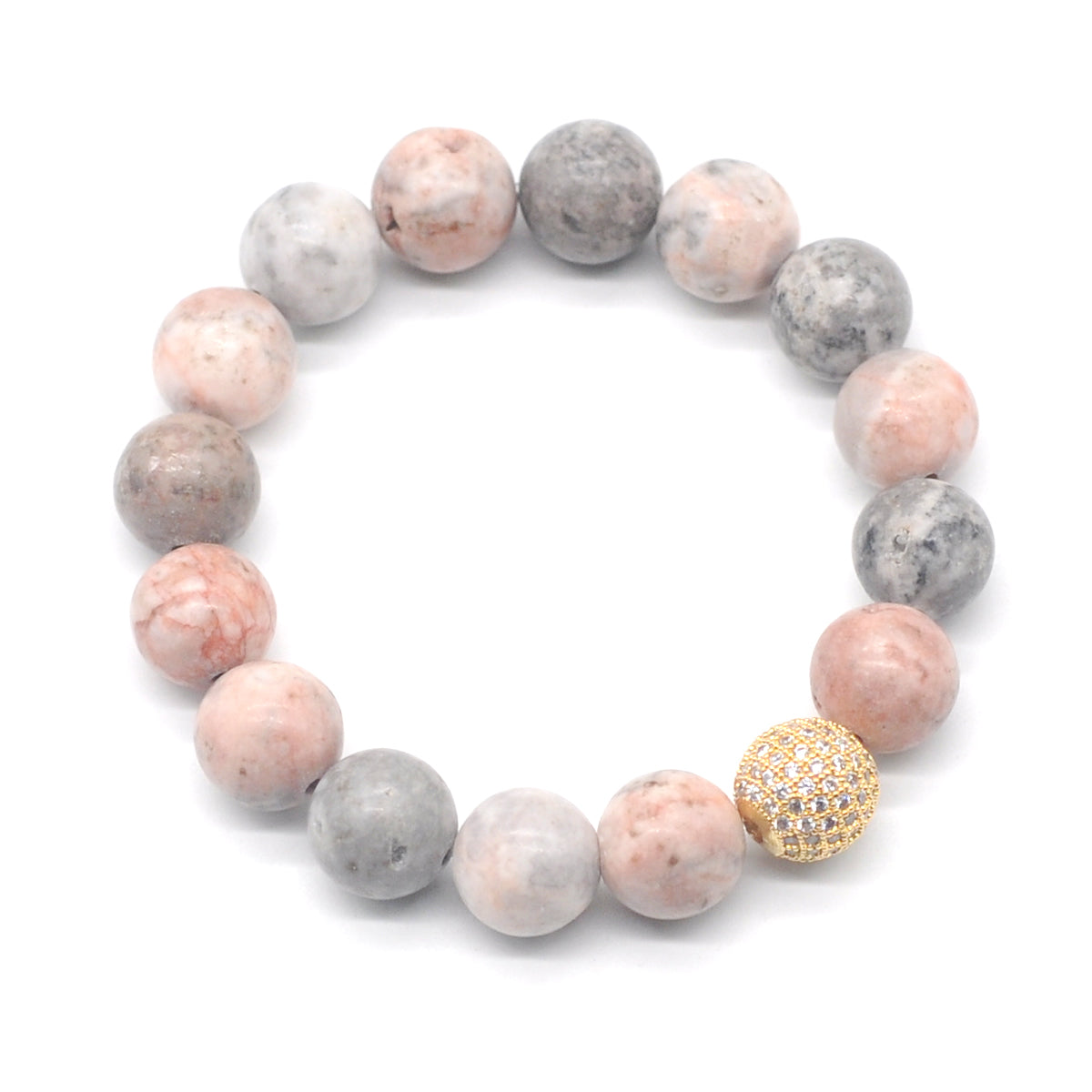 CGB288 Pink Zebra Jasper With Zircon Ball Stretch Bracelet Round 10mm 12mm