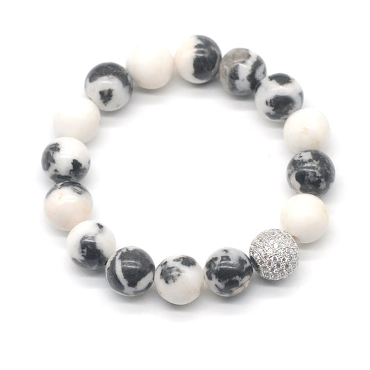 CGB289 Black & White Jasper With Zircon Ball Stretch Bracelet Round 10mm 12mm