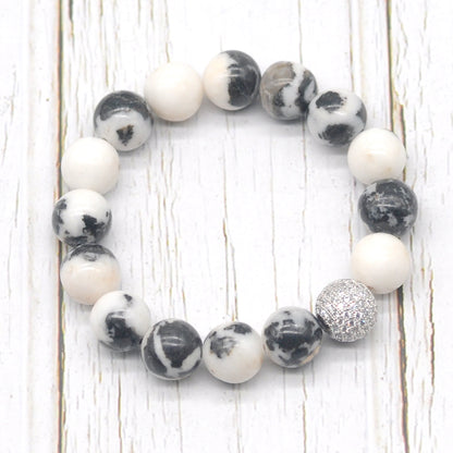 CGB289 Black & White Jasper With Zircon Ball Stretch Bracelet Round 10mm 12mm