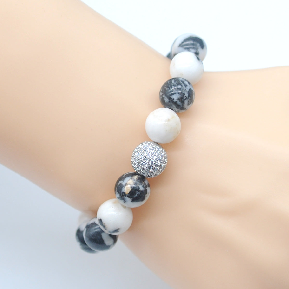 CGB289 Black & White Jasper With Zircon Ball Stretch Bracelet Round 10mm 12mm