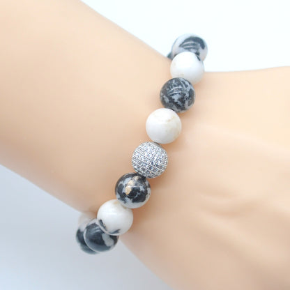 CGB289 Black & White Jasper With Zircon Ball Stretch Bracelet Round 10mm 12mm