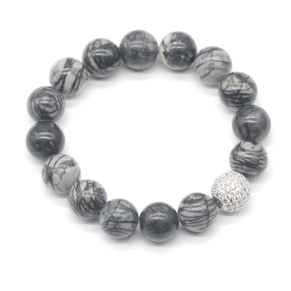 CGB290 Black Net Jasper With Zircon Ball Stretch Bracelet Round 10mm 12mm