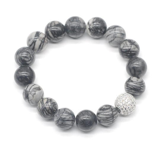 CGB290 Black Net Jasper With Zircon Ball Stretch Bracelet Round 10mm 12mm