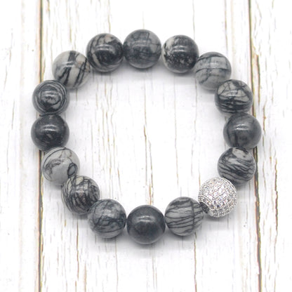 CGB290 Black Net Jasper With Zircon Ball Stretch Bracelet Round 10mm 12mm