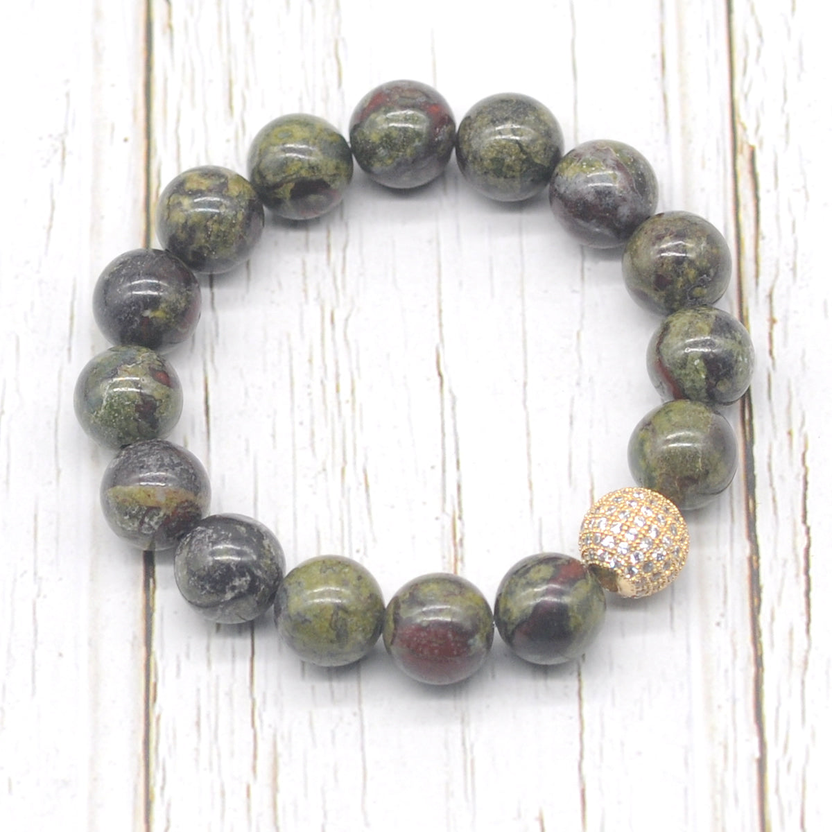 CGB292 Dragon Blood Jasper With Zircon Ball Stretch Bracelet Round 10mm 12mm