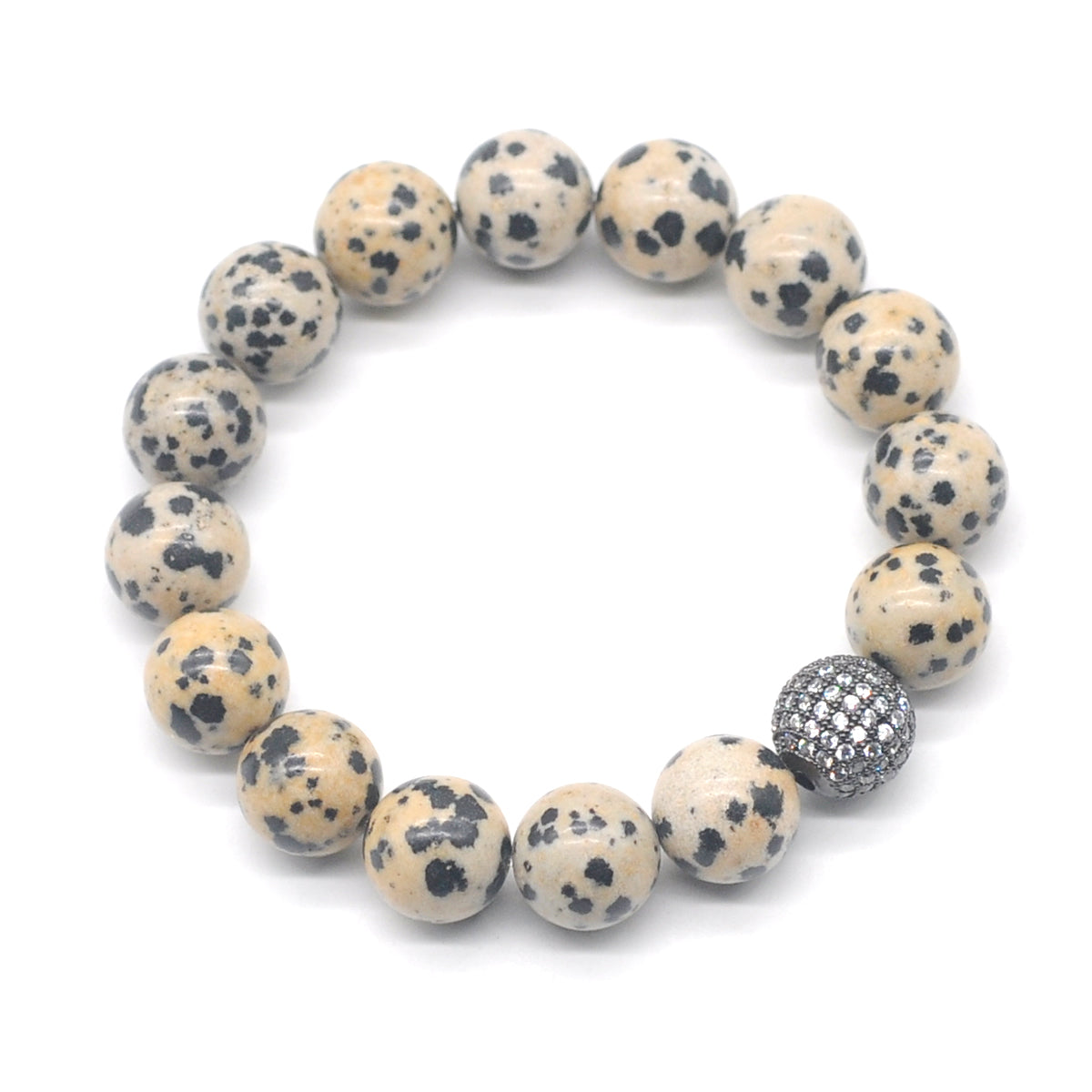 CGB293 Dalmatian Jasper With Zircon Ball Stretch Bracelet Round 10mm 12mm