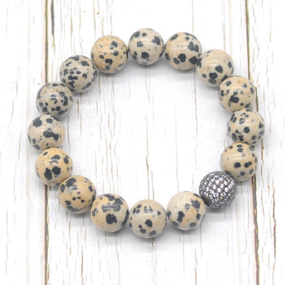 CGB293 Dalmatian Jasper With Zircon Ball Stretch Bracelet Round 10mm 12mm