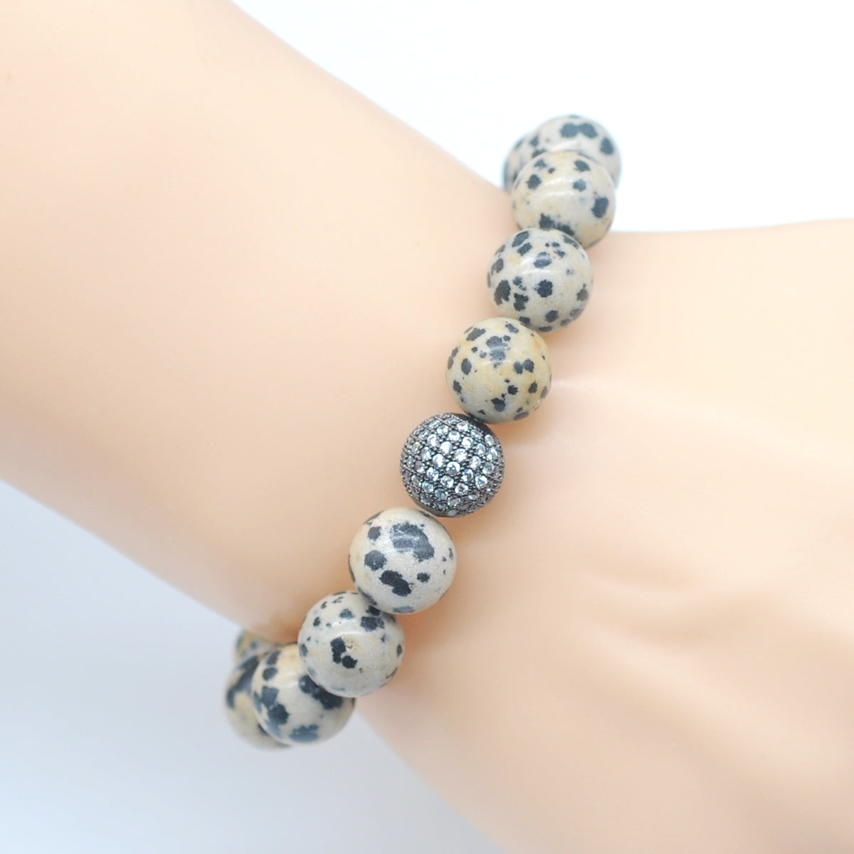 CGB293 Dalmatian Jasper With Zircon Ball Stretch Bracelet Round 10mm 12mm