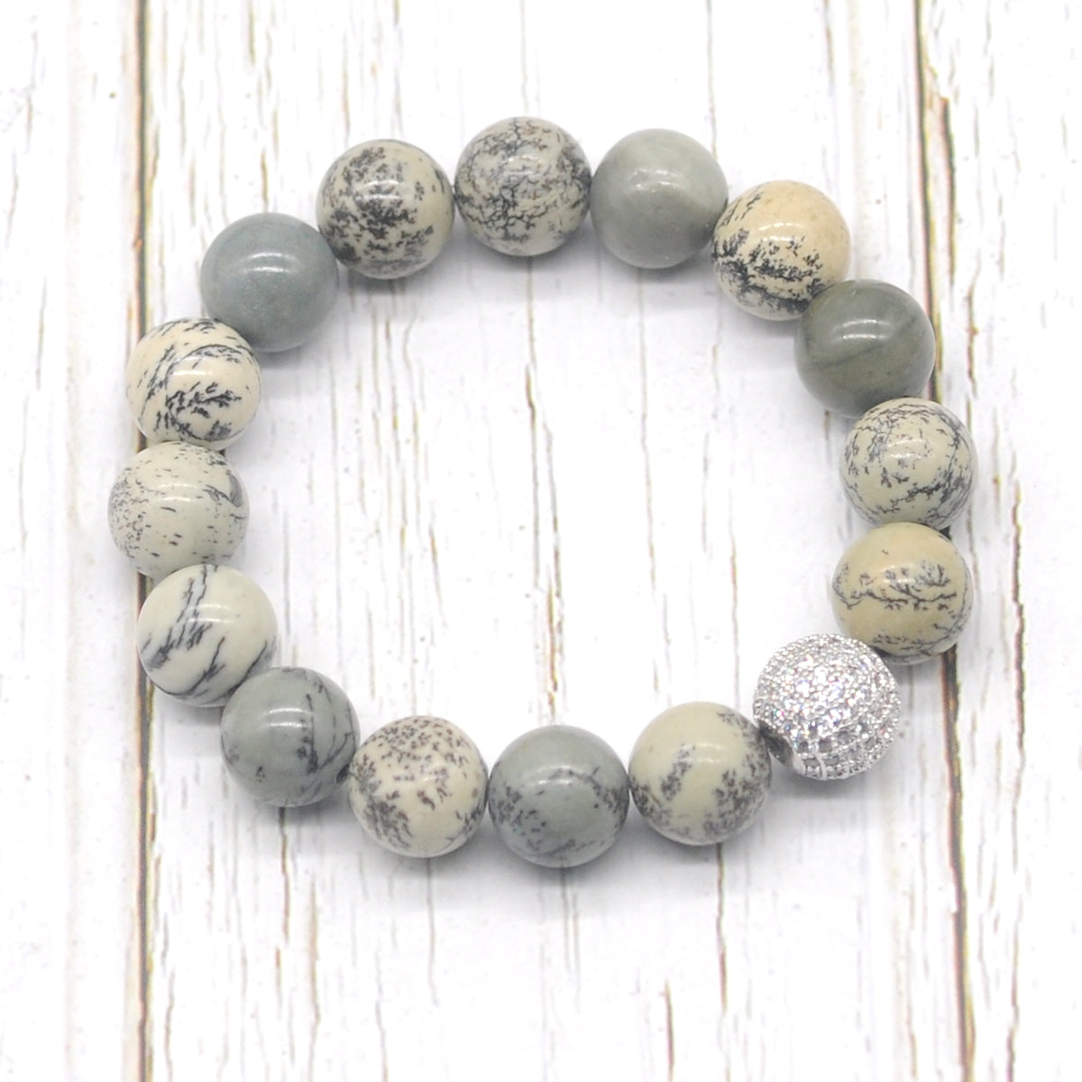 CGB294 Greeting Pine Jasper With Zircon Ball Stretch Bracelet Round 10mm 12mm