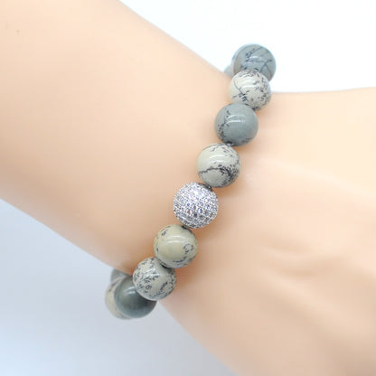 CGB294 Greeting Pine Jasper With Zircon Ball Stretch Bracelet Round 10mm 12mm