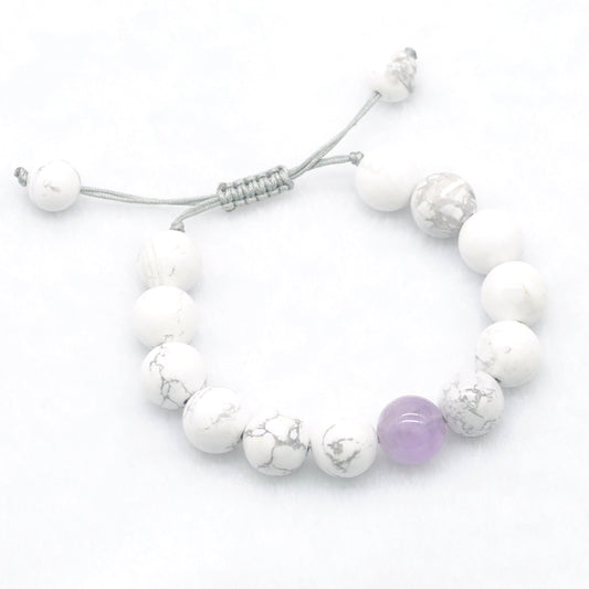 CGB300 White Howlite & Lavender Amethyst Adjustable Bracelet Round 12mm