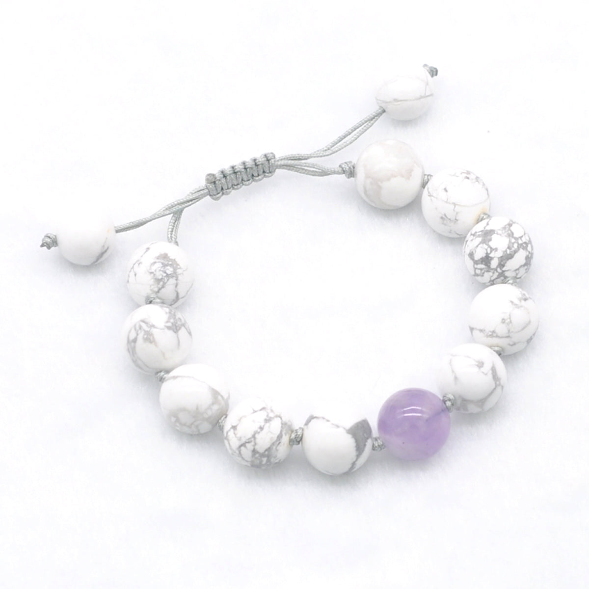 CGB302 Hand-knotted White Howlite & Lavender Amethyst Adjustable Bracelet Round 12mm