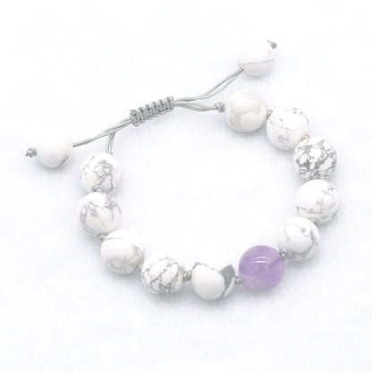 CGB302 Hand-knotted White Howlite & Lavender Amethyst Adjustable Bracelet Round 12mm