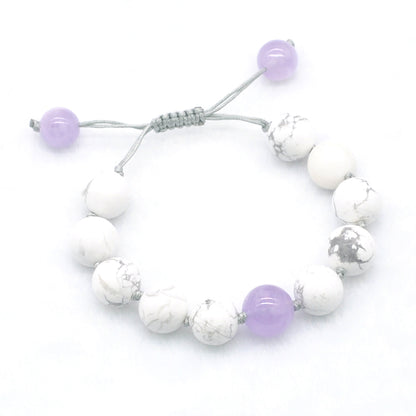 CGB303 Hand-knotted White Howlite & Lavender Amethyst Adjustable Bracelet Round 12mm