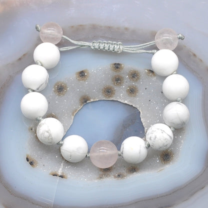 CGB304 White Howlite & Rose Quartz Adjustable Bracelet Round 12mm