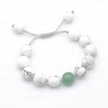 CGB305 White Howlite & Green Aventurine Jade Adjustable Bracelet Round 12mm