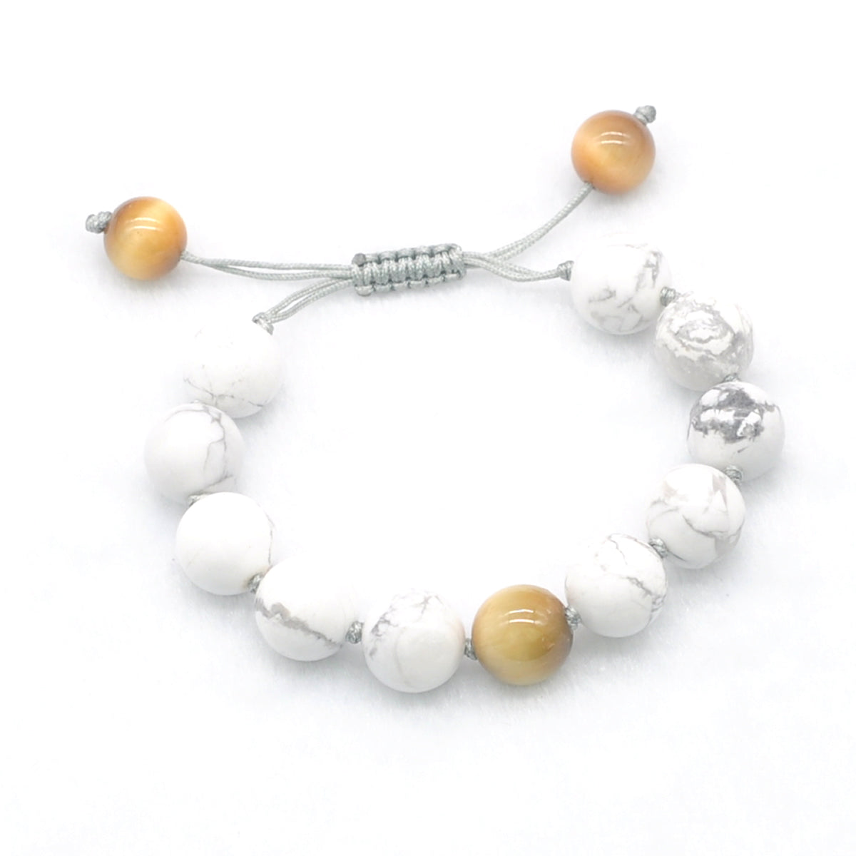 CGB307 White Howlite & Golden Tiger Eye Adjustable Bracelet Round 12mm