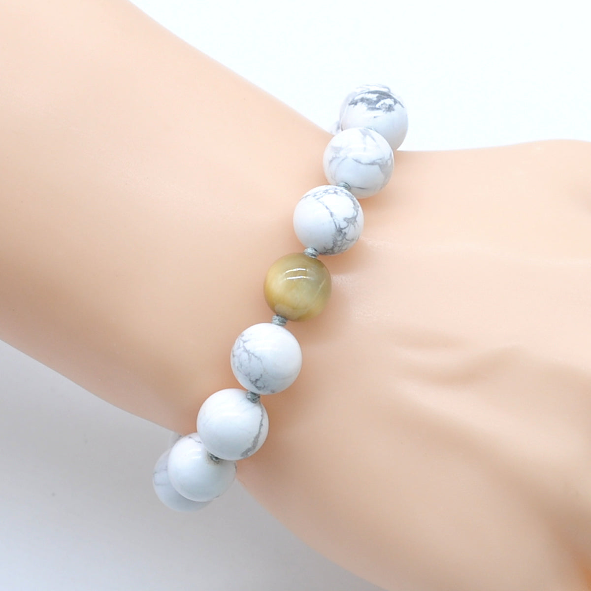 CGB307 White Howlite & Golden Tiger Eye Adjustable Bracelet Round 12mm