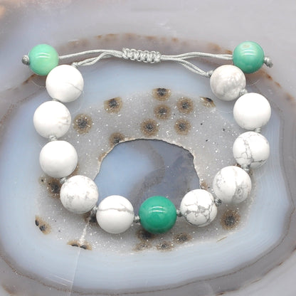 CGB312 White Howlite & Grass Agate Adjustable Bracelet Round 12mm