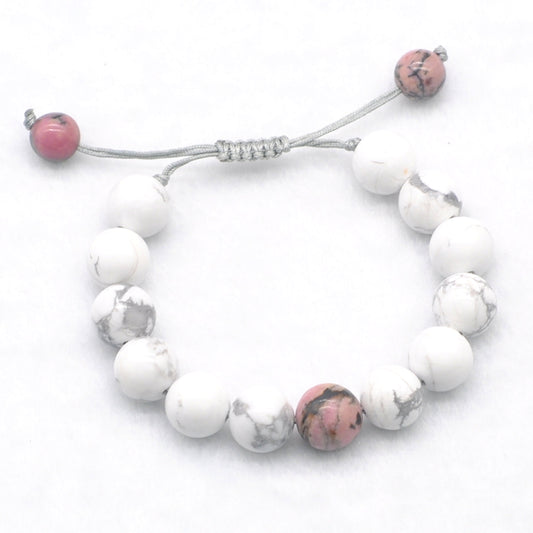 CGB315 White Howlite & Rhodonite Adjustable Bracelet Round 12mm