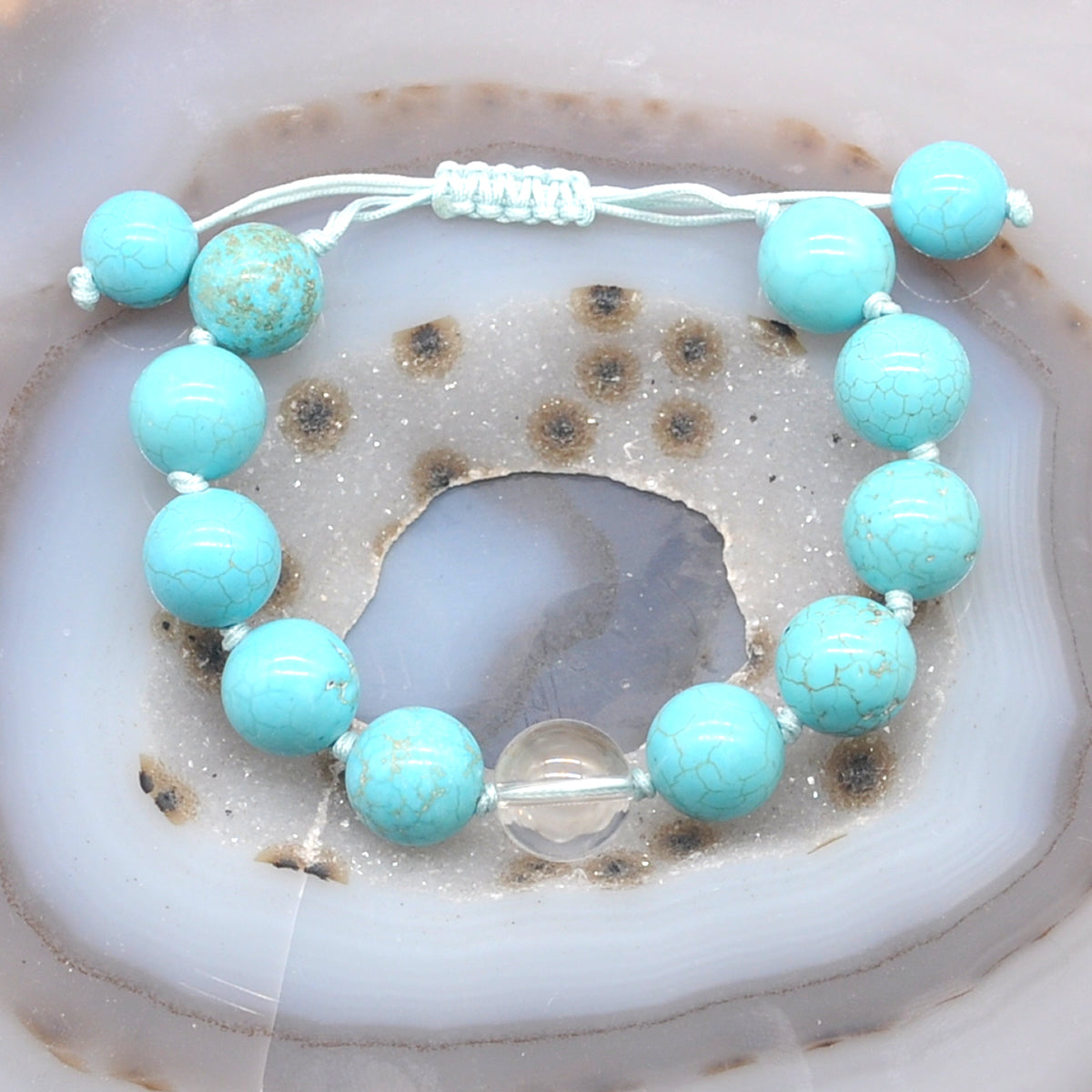 CGB350 Blue Howlite & Clear Quartz Adjustable Bracelet Round 12mm