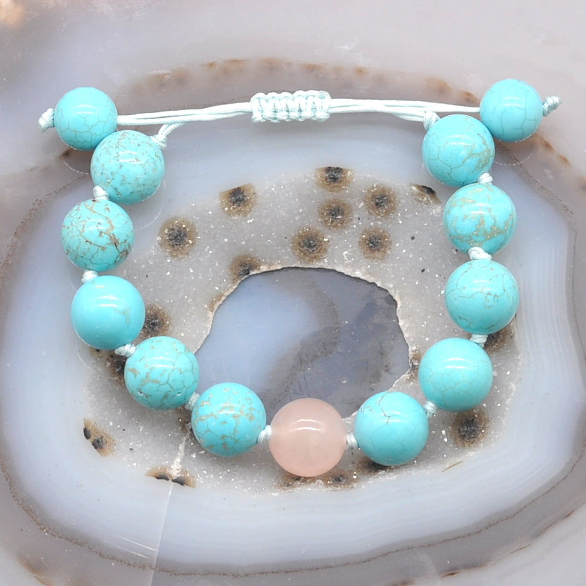 CGB351 Blue Howlite & Rose Quartz Adjustable Bracelet Round 12mm