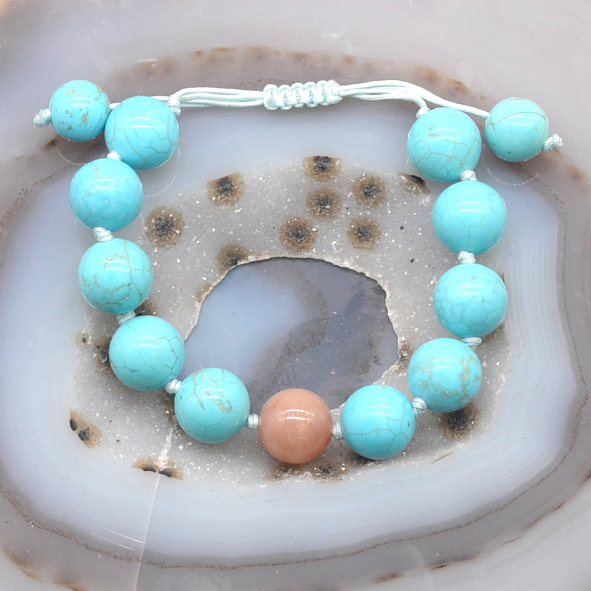 CGB355 Blue Howlite & Moonstone Adjustable Bracelet Round 12mm