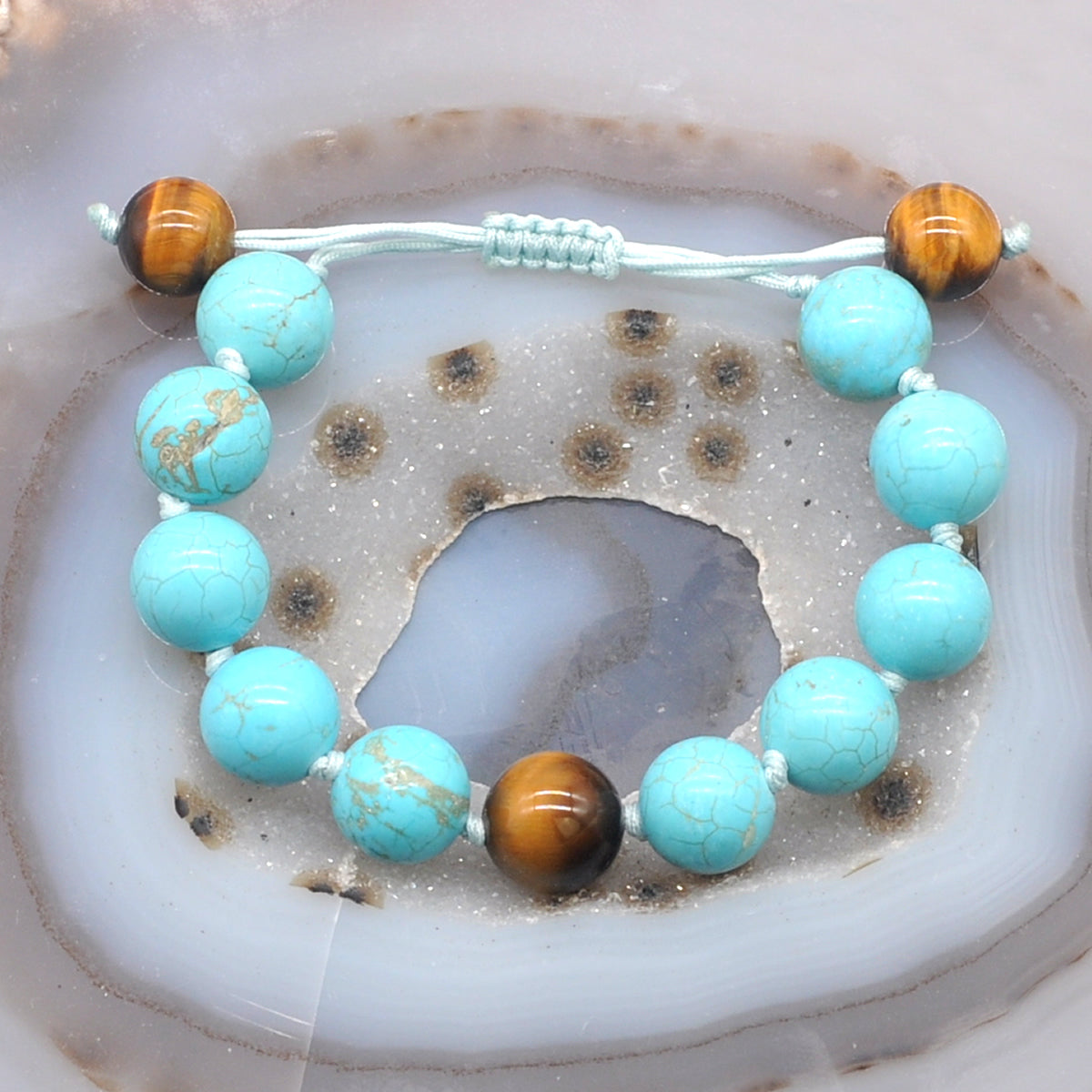 CGB358 Blue Howlite & Yellow Tiger Eye Adjustable Bracelet Round 12mm