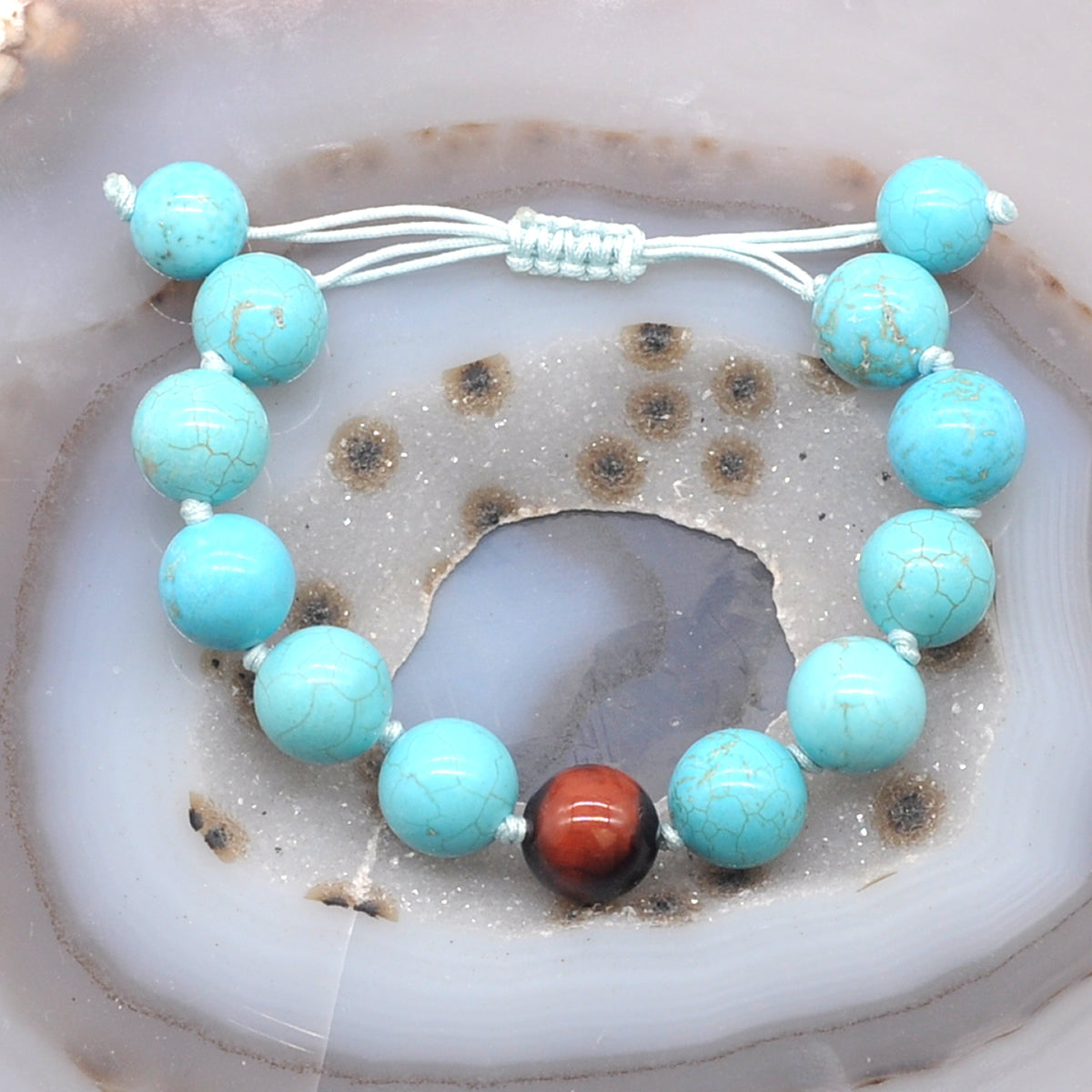 CGB359 Blue Howlite & Red Tiger Eye Adjustable Bracelet Round 12mm