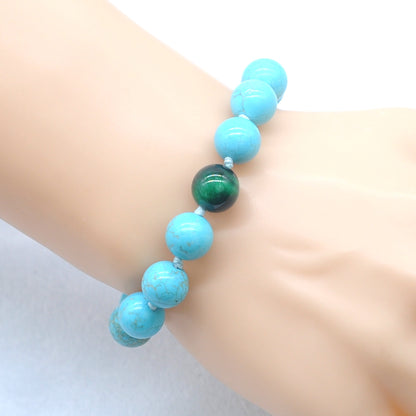 CGB361 Blue Howlite & Green Tiger Eye Adjustable Bracelet Round 12mm