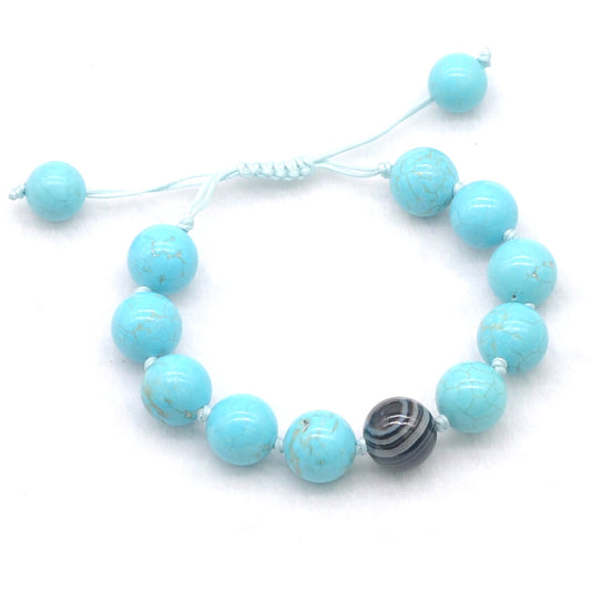 CGB364 Blue Howlite & Black Banded Agate Adjustable Bracelet Round 12mm