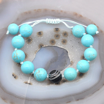 CGB364 Blue Howlite & Black Banded Agate Adjustable Bracelet Round 12mm