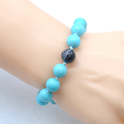 CGB364 Blue Howlite & Black Banded Agate Adjustable Bracelet Round 12mm